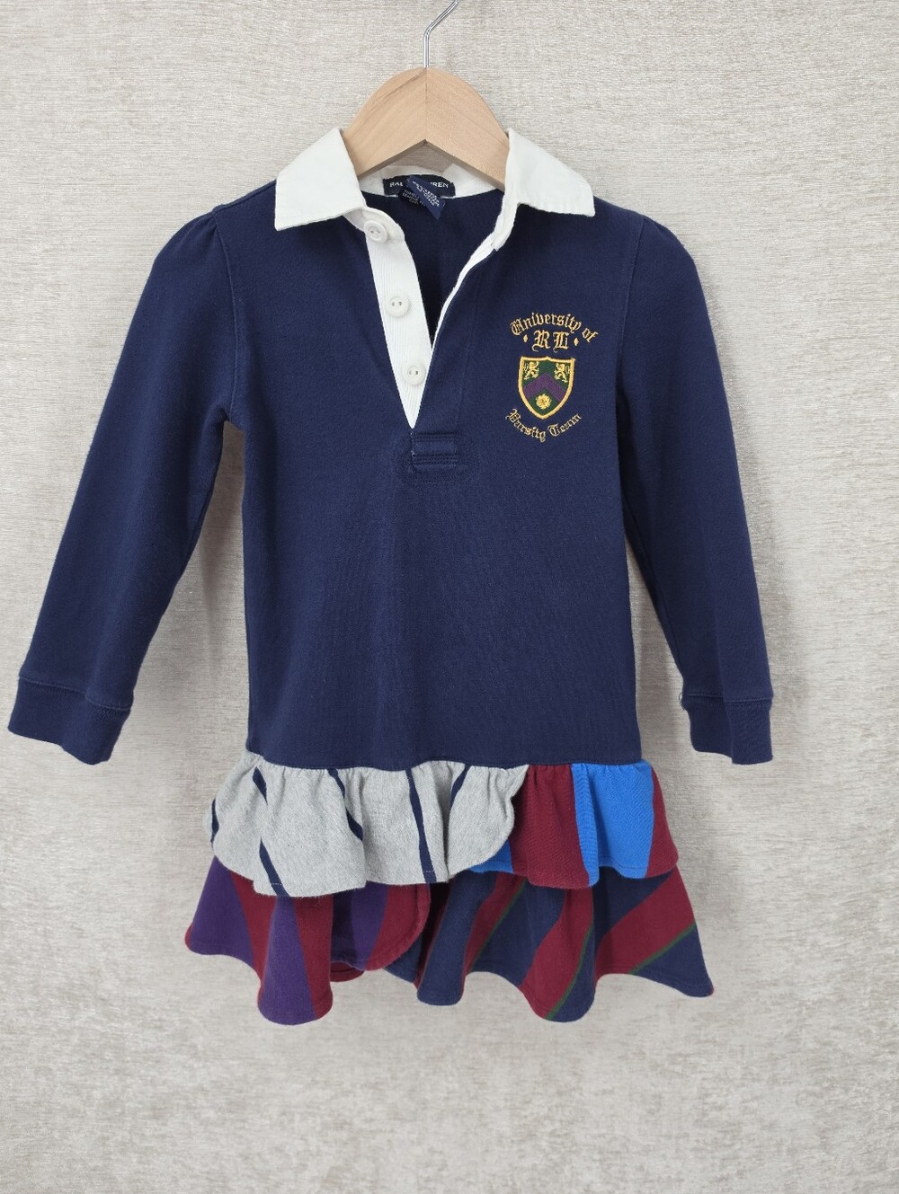 Ralph Lauren Vintage Navy Long-Sleeve Polo Dress with Crest Ruffle Hem